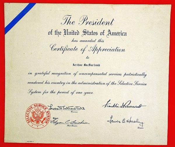 Named WWII Selective Service System Wartime Certificate of Appreciation for Service