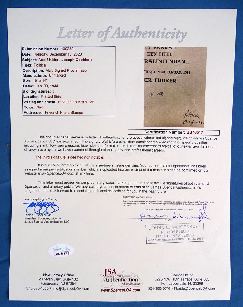 Jsa Authentication Letters Large 1944 Appointment Document Signed by Adolf Hitler and Joseph ...