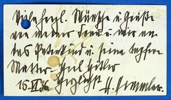 1936 Handwritten and Signed Reichsfuhrer SS Heinrich Himmler Calling Card with JSA Letter of Authenticity - Image 2