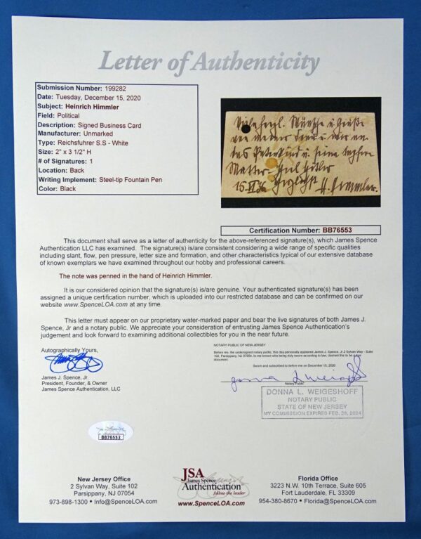 1936 Handwritten and Signed Reichsfuhrer SS Heinrich Himmler Calling Card with JSA Letter of Authenticity - Image 4