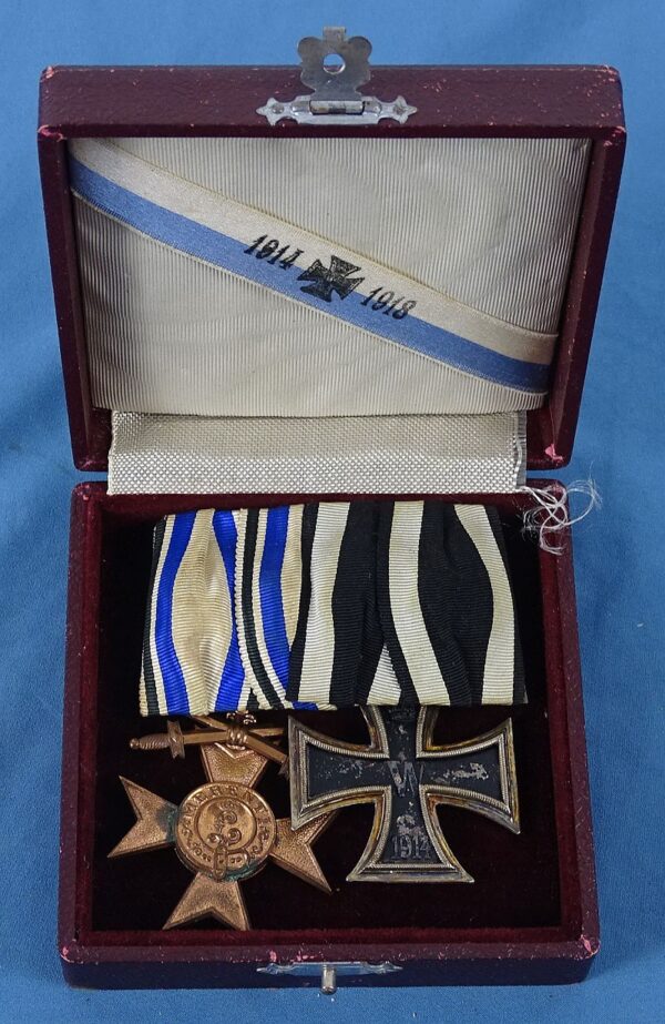 Cased Bavarian Military Merit Cross Third Class with Swords and 1914 Iron Cross Second Class Medal Bar