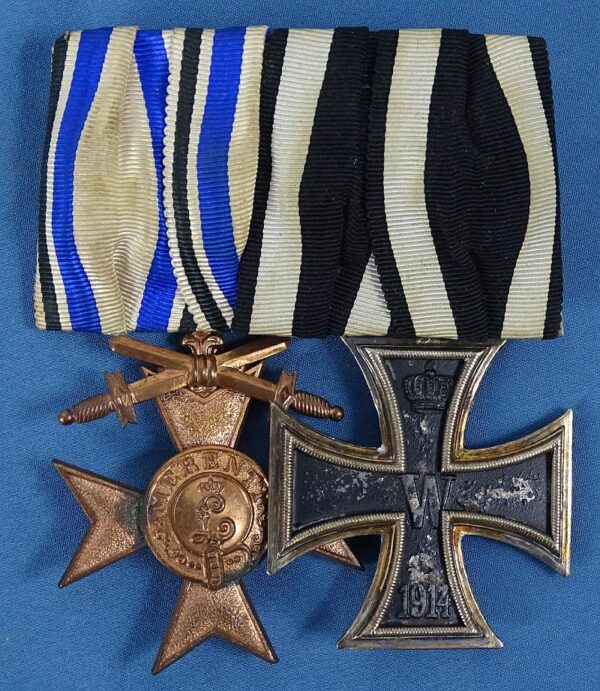 Cased Bavarian Military Merit Cross Third Class with Swords and 1914 Iron Cross Second Class Medal Bar - Image 2