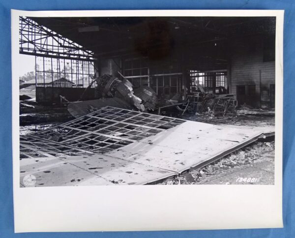 Large WWII 8 Inch by 10 Inch Official U.S. Army Signal Corps Photograph: A Wrecked American Hanger and Plane After the Pearl Harbor Attack