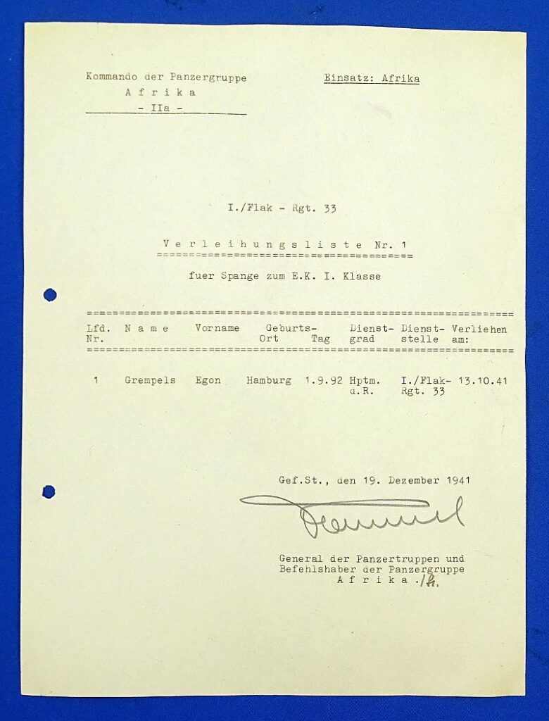 Afrika Korps Award Document for the Spange to the 1939 Iron Cross ...