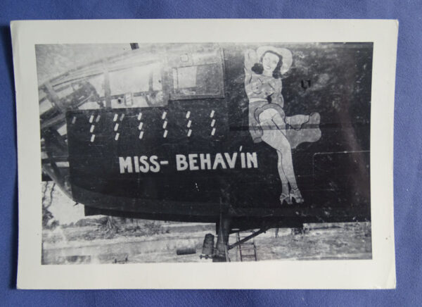 WWII B-25 Nose Art Photograph "MISS-BEHAVEN" 3-1/4 x 4 -1/5"