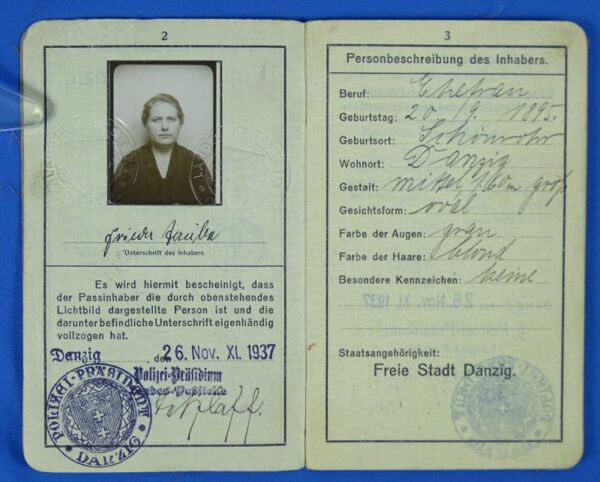 1937 Free State Danzig Passport - Image 3