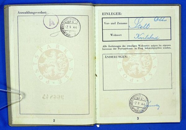 1944 Occupied Czechoslovakia Postal Savings Account Deposit Book - Image 3