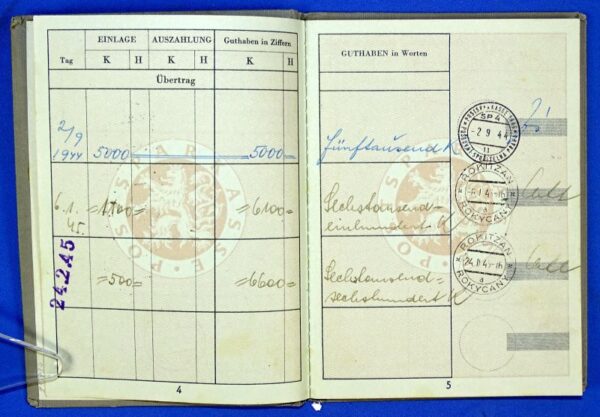 1944 Occupied Czechoslovakia Postal Savings Account Deposit Book - Image 4