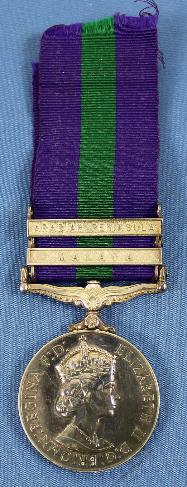 British Two Bar Queens General Service Medal with Bars for "Arabian Peninsula" and "Malaya" to the Royal Air Force