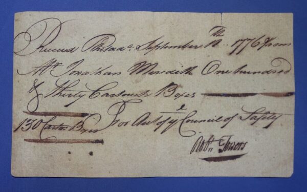 Sept 11, 1776 Receipt for 130 Cartridge Boxes Phila Council of Safety