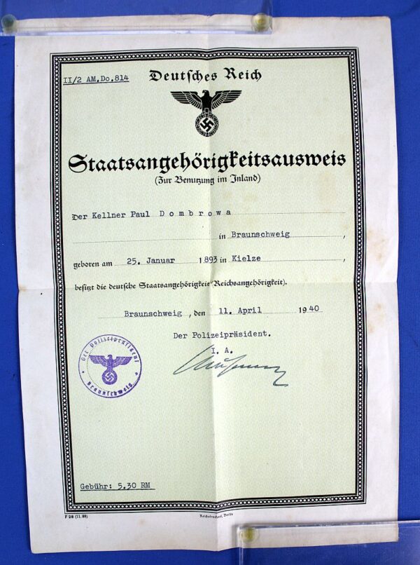 1940 Third Reich Staatsangehorigfeitsausweis (Citizenship Certificate)