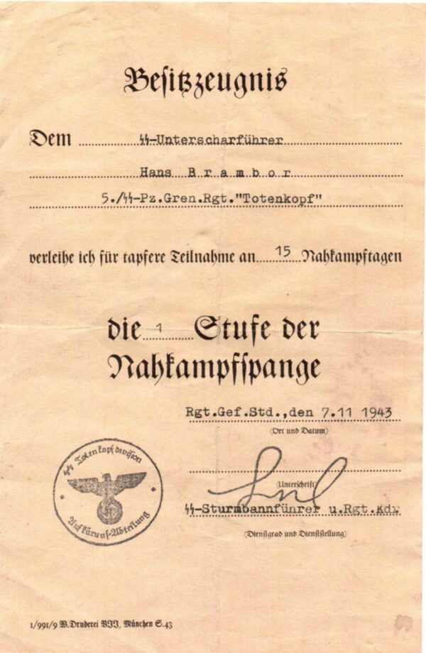 Die 1 Stuse der Nahkampfspange - Close Combat Clasp SS Award Document