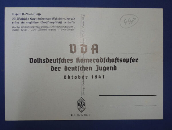WWII German U-Boat Captain Schubart Post Card 1941 - Image 2