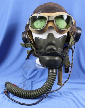 WWII RAF C"Type" Leather Flight Helmet with USAAF Goggles, Oxygen Mask and Avionics - as Worn