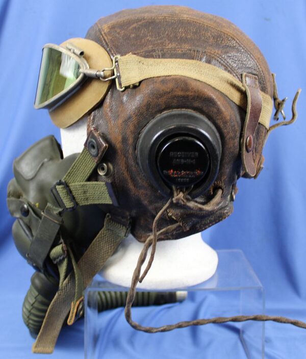 WWII RAF C"Type" Leather Flight Helmet with USAAF Goggles, Oxygen Mask and Avionics - as Worn - Image 4