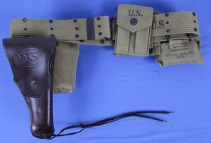WWII Web Belt with Pistol Holster, Ammo Pouches, Bandage Pouch, and Canteen and Cup Set