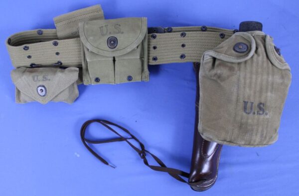 WWII Web Belt with Pistol Holster, Ammo Pouches, Bandage Pouch, and Canteen and Cup Set - Image 2