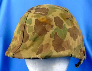 WWII Fixed Bale M1 Combat Helmet with Korean War U.S. Marine Corps Camouflage Cover
