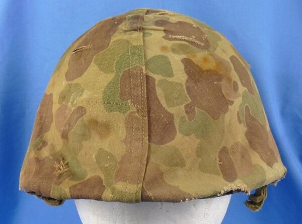 WWII Fixed Bale M1 Combat Helmet with Korean War U.S. Marine Corps Camouflage Cover - Image 2