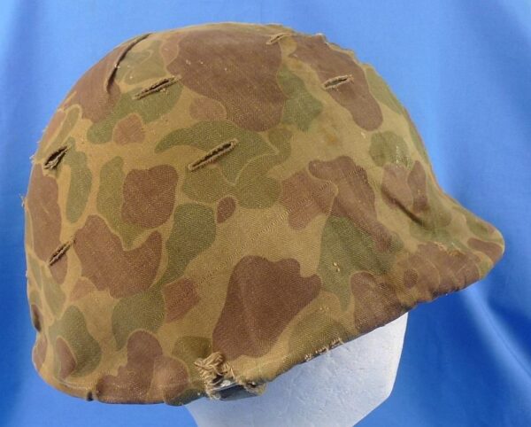 WWII Fixed Bale M1 Combat Helmet with Korean War U.S. Marine Corps Camouflage Cover - Image 3