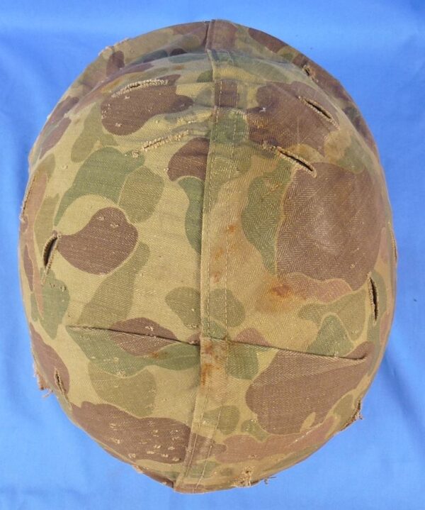 WWII Fixed Bale M1 Combat Helmet with Korean War U.S. Marine Corps Camouflage Cover - Image 6