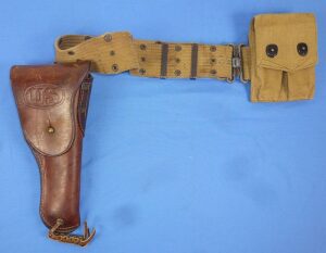 WWII Pistol Belt with 1942 Boyt Holster and 1944 British Made Magazine Pouch