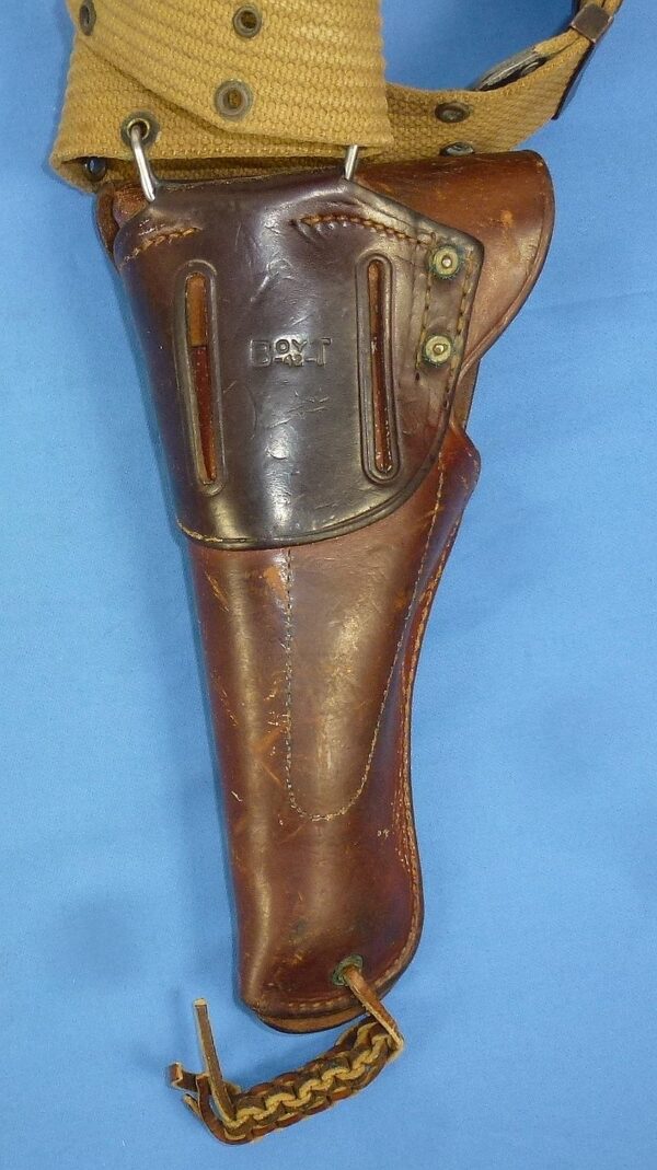 WWII Pistol Belt with 1942 Boyt Holster and 1944 British Made Magazine Pouch - Image 5