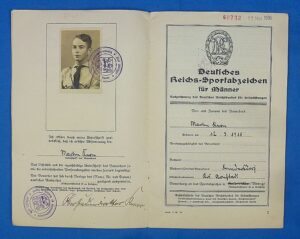 1936 Bronze DRL Sports Badge Award Document Booklet to an 18 Year Old Hitler Youth Member