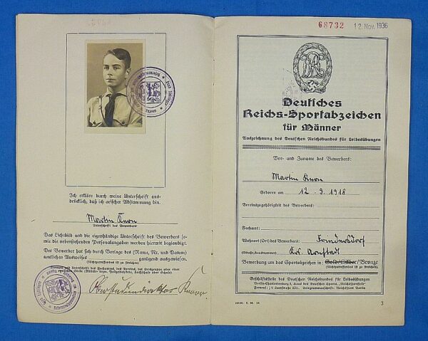 1936 Bronze DRL Sports Badge Award Document Booklet to an 18 Year Old Hitler Youth Member