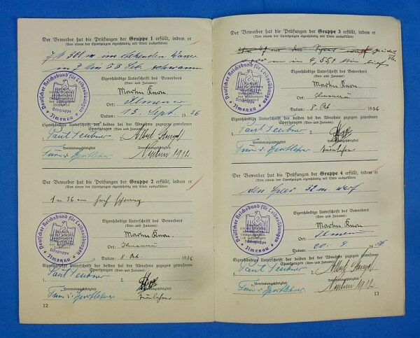 1936 Bronze DRL Sports Badge Award Document Booklet to an 18 Year Old Hitler Youth Member - Image 3