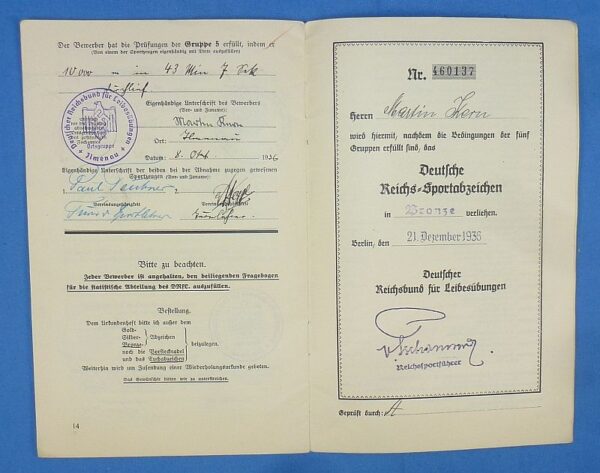 1936 Bronze DRL Sports Badge Award Document Booklet to an 18 Year Old Hitler Youth Member - Image 4