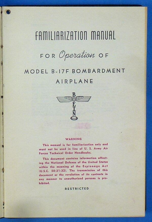 1944 Restricted Boeing Company B-17 Flying Fortress Familiarization Manual - Image 2