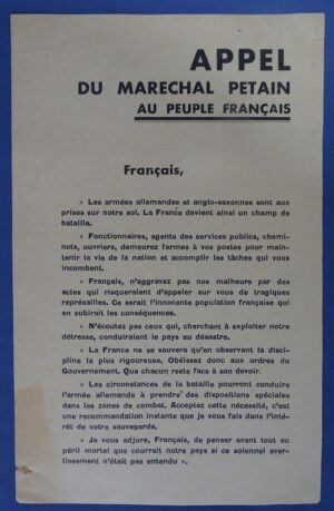 Appel du Maréchal Pétain au Peuple Francais Leaflet - Petain Asking French People to Stay Calm