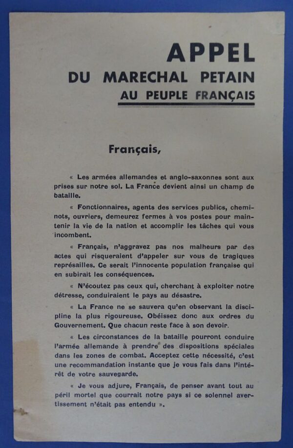 Appel du Maréchal Pétain au Peuple Francais Leaflet - Petain Asking French People to Stay Calm