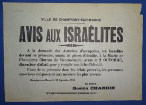Leaflet Calling on Jews to Register at Sur-Marne [France]  Under German Occupation, September 1940