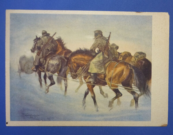 WWII German Mounted Troops Winter Scene Postcard