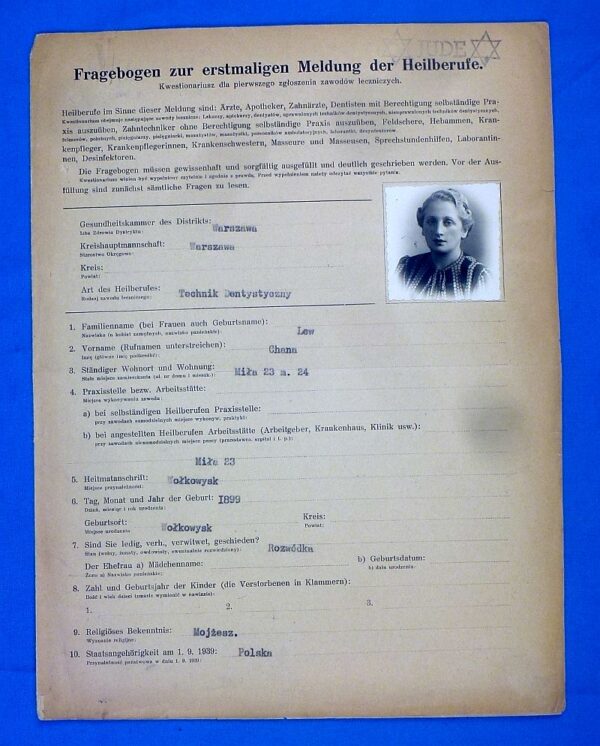 German Registration Form for a Jewish Dental Technician in Poland