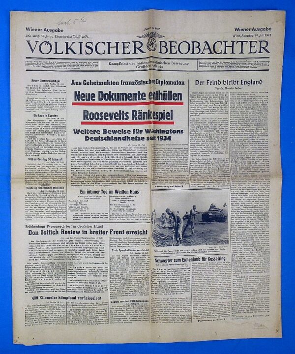 1942 Volkischer Beobachter Nazi Party Newspaper