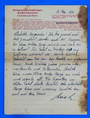 1943 Prisoner Correspondence from Sachsenhausen Concentration Camp