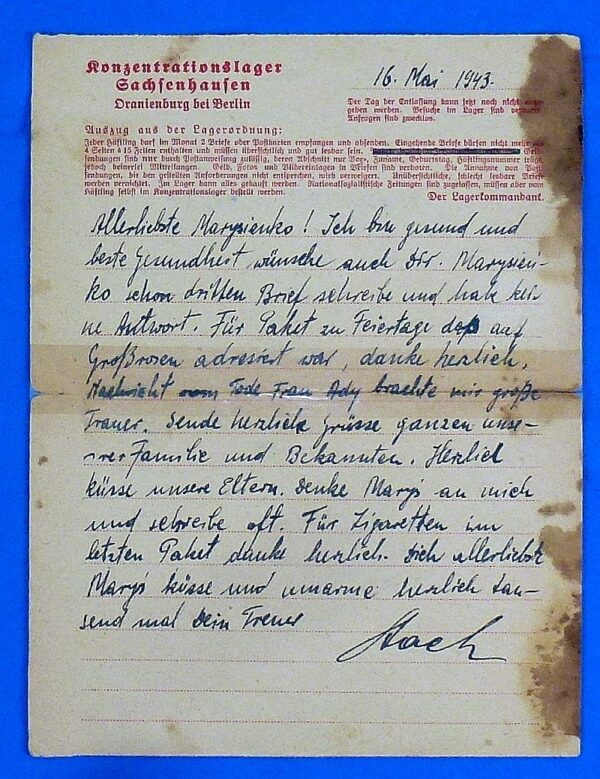 1943 Prisoner Correspondence from Sachsenhausen Concentration Camp