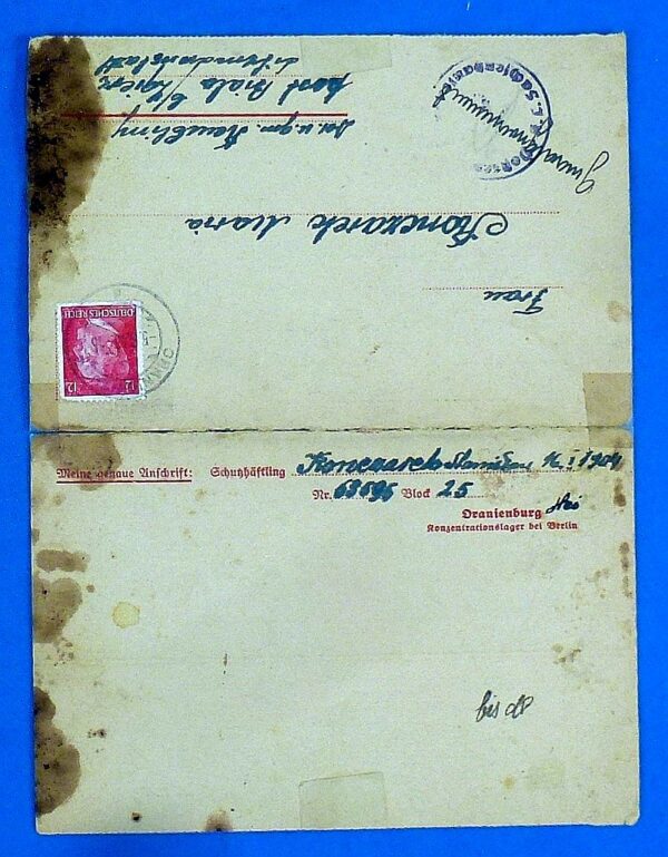 1943 Prisoner Correspondence from Sachsenhausen Concentration Camp - Image 2