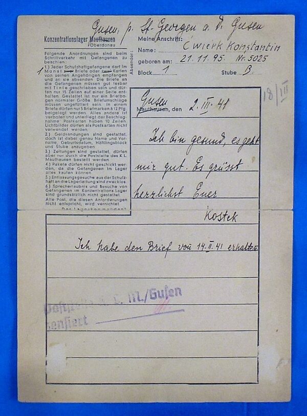 1941 Prisoner Correspondence from Gusen Concentration Camp