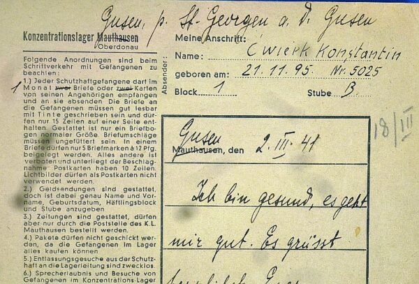 1941 Prisoner Correspondence from Gusen Concentration Camp - Image 3