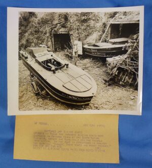 Large 1945 Press Photograph of Japanese Suicide Boats Captured by U.S. Marines on Okinawa