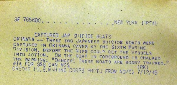 Large 1945 Press Photograph of Japanese Suicide Boats Captured by U.S. Marines on Okinawa - Image 3