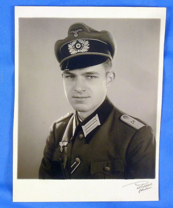 Large Portrait Photograph of a German Army Reconnaissance Battalion Officer with Crusher Cap