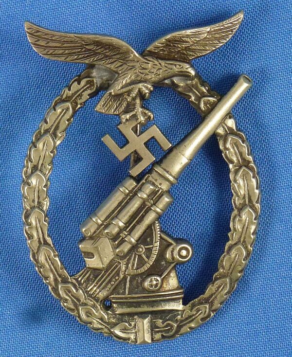 Luftwaffe Flak Artillery Badge in Tombac by Brehmer