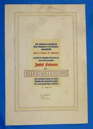 Large 1938 DAF Labor Front Company Long Service Award Document