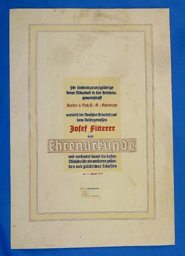 Large 1938 DAF Labor Front Company Long Service Award Document