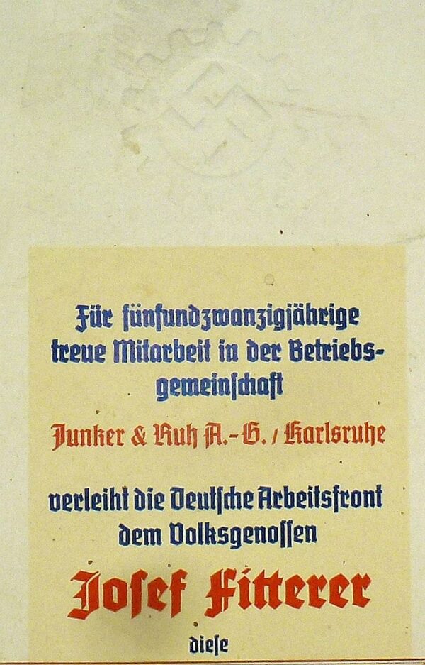 Large 1938 DAF Labor Front Company Long Service Award Document - Image 2
